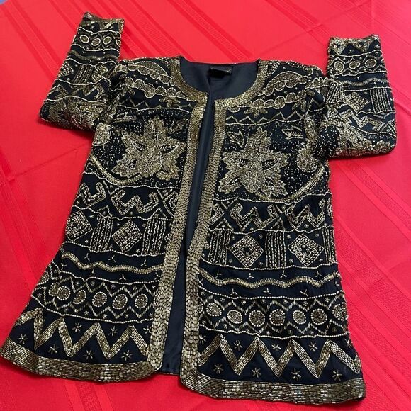 Land Mark Women’s Black Gold Vintage Beaded  Sequin Jacket Size Medium - Picture 7 of 10